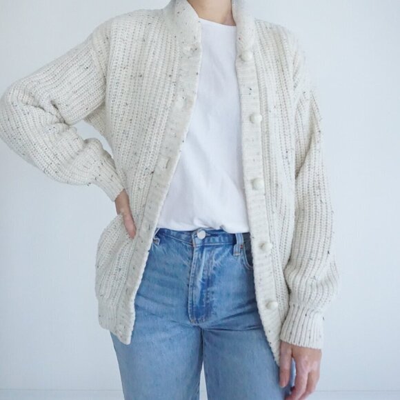 Sweaters - Vintage Newcomer Cream Chunky Knit 10% Wool Button Up Cardigan Sweater S